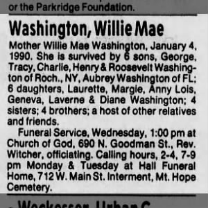 Obituary for Willie Mae Washington